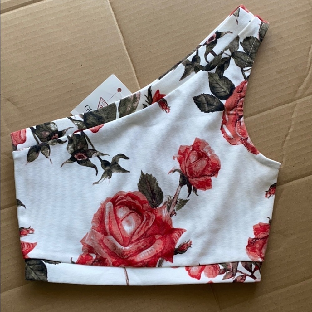 G by Guess Floral One-Shoulder Crop Top - Red and White